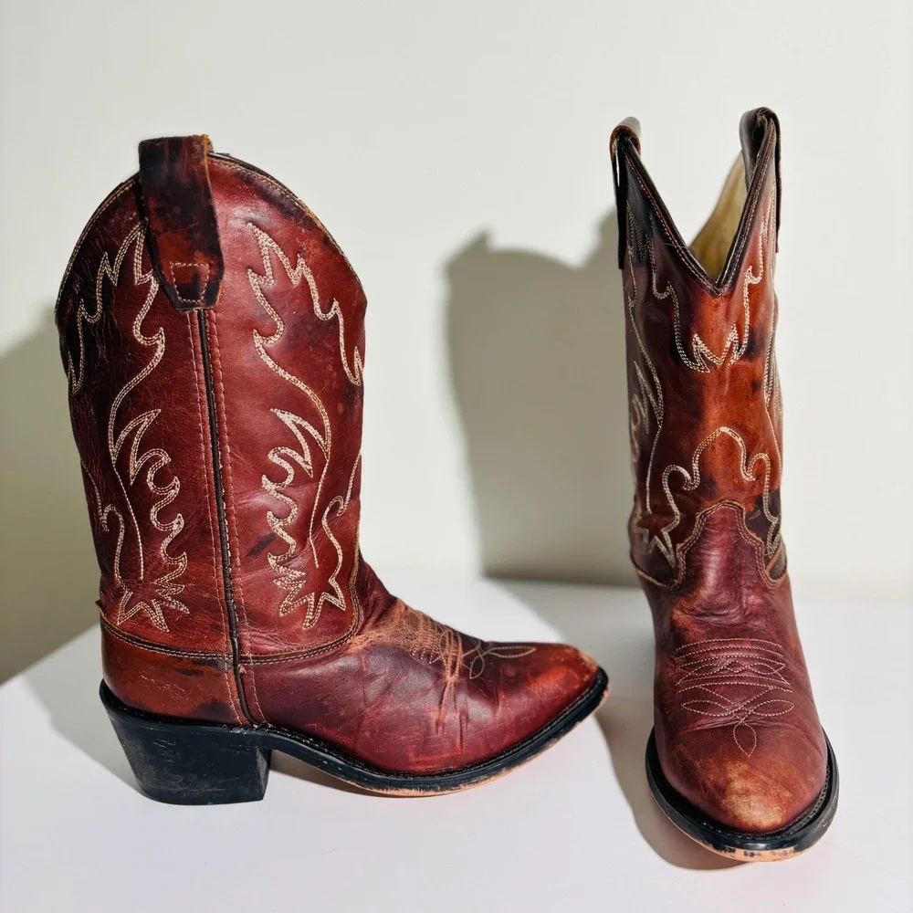 OLD‎ WEST CALF YOUTH WESTERN LEATHER BOOTS SIZE 4.5 - CCY8152G